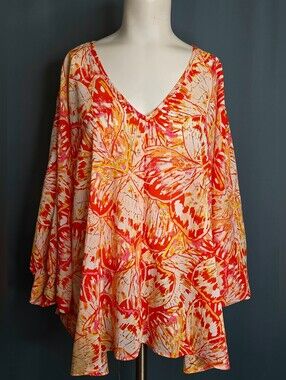 Jodifl Butterfly Print Swing Tunic Blouse VNeck Long Sleeve Draped Resort NWOT S